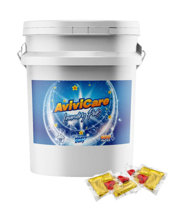 AviviCare heavy duty laundry pods in large white bucket, 600-pack bulk size for high-capacity laundry use