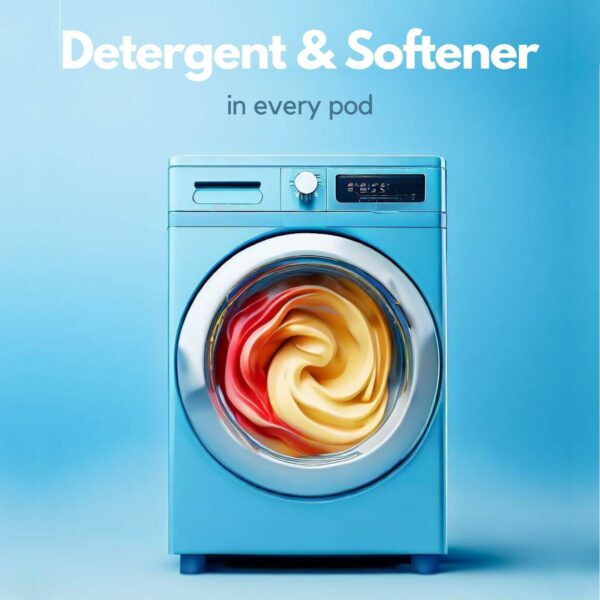 Front-loading blue washing machine with text “Detergent & Softener in every pod” and swirling laundry inside